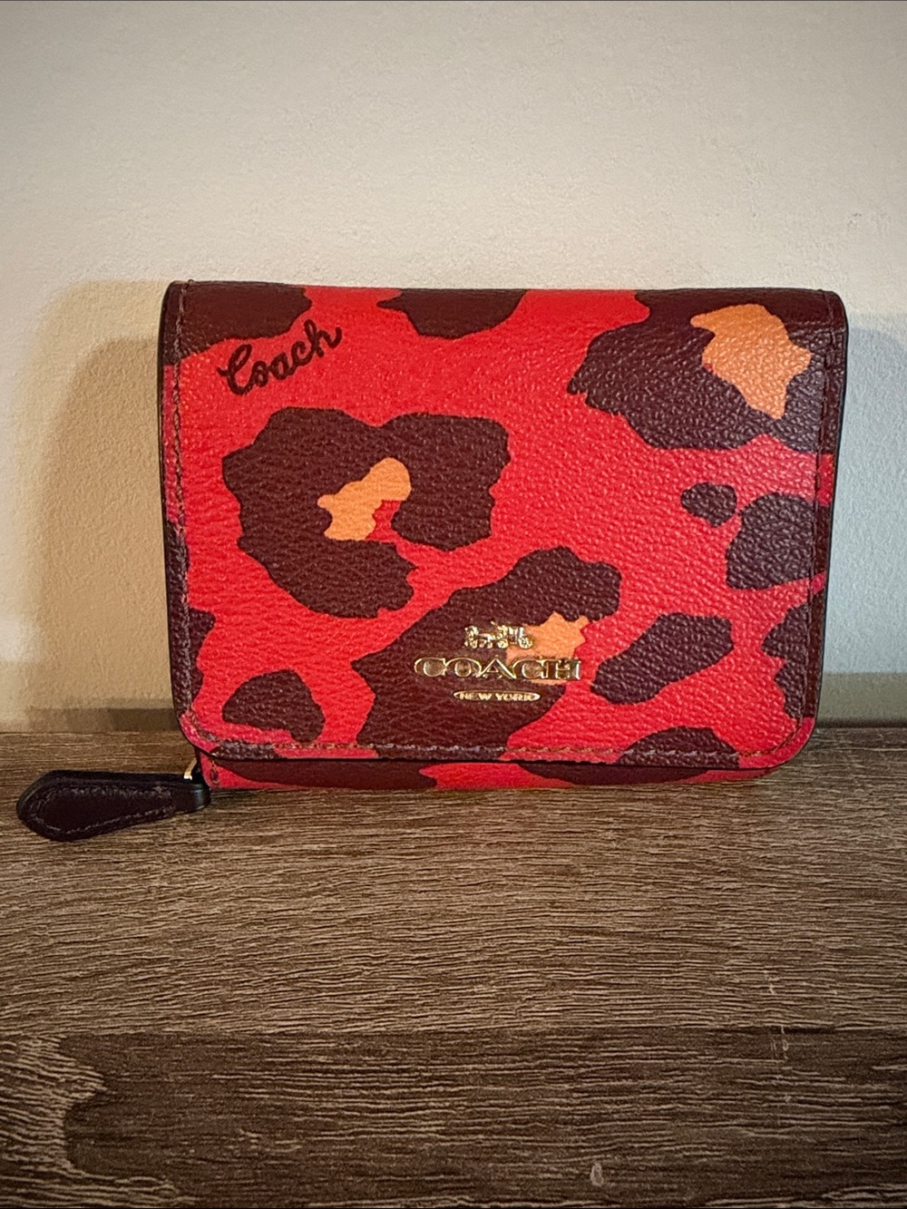 Coach Red and Brown Leopard Zip Wallet with Gold Logo